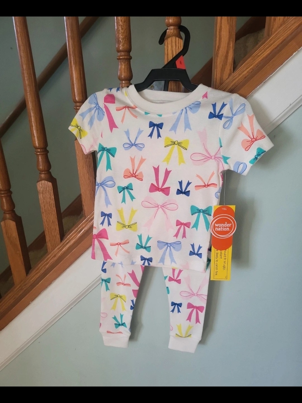 wonder nation White Bow Print Short-Sleeve Pajama Set with Multi-Color Bows